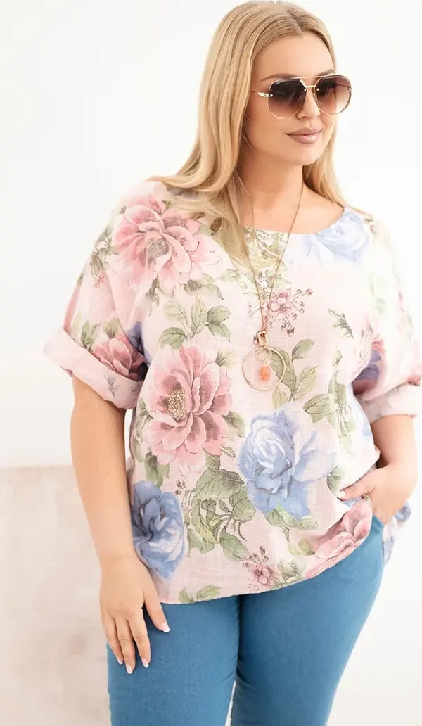 Kesi Włoski Kesi plus size bluza s kratkim rukavima, cvjetni uzorak