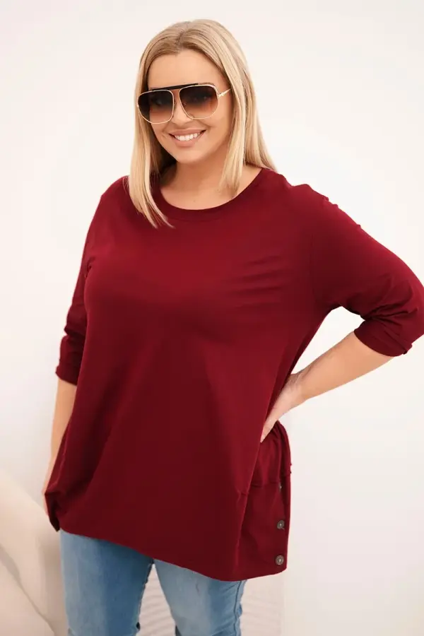 Kesi Kesi Plus Size women's cotton blouse with decorative buttons and rolled-up sleeves burgundy