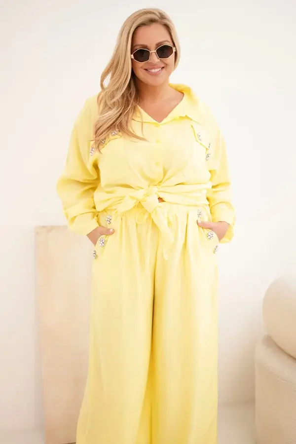 Kesi Kesi Plus Size ženski set s košuljom i širokim hlačama žute boje