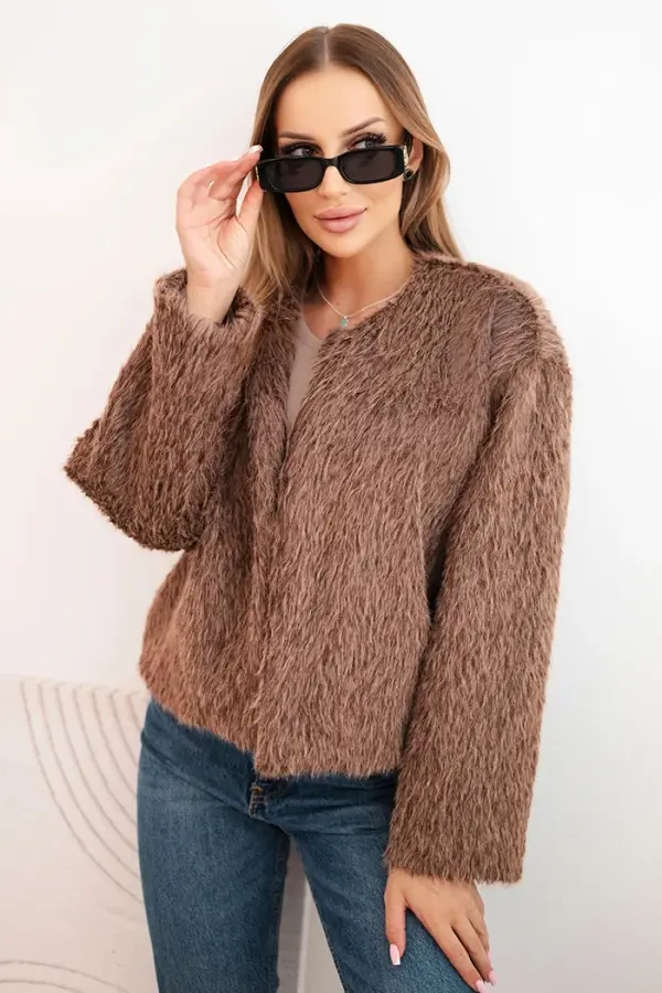 Kesi Włoski Kesi Włoski Faux fur women's jacket without fastening brown