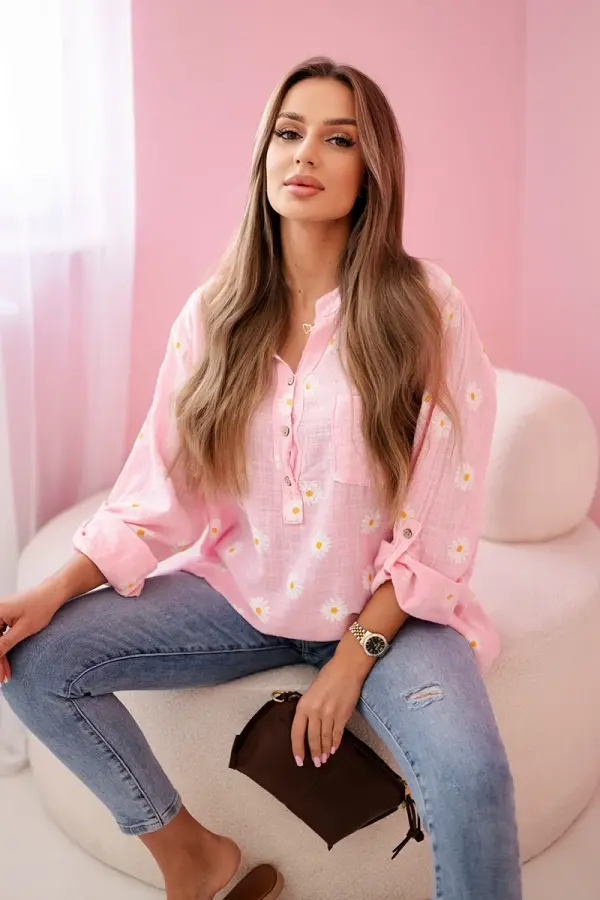 Kesi Włoski Kesi Włoski Linen Women's Blouse with Floral Pattern, Long Sleeves, and Buttons Candy Pink