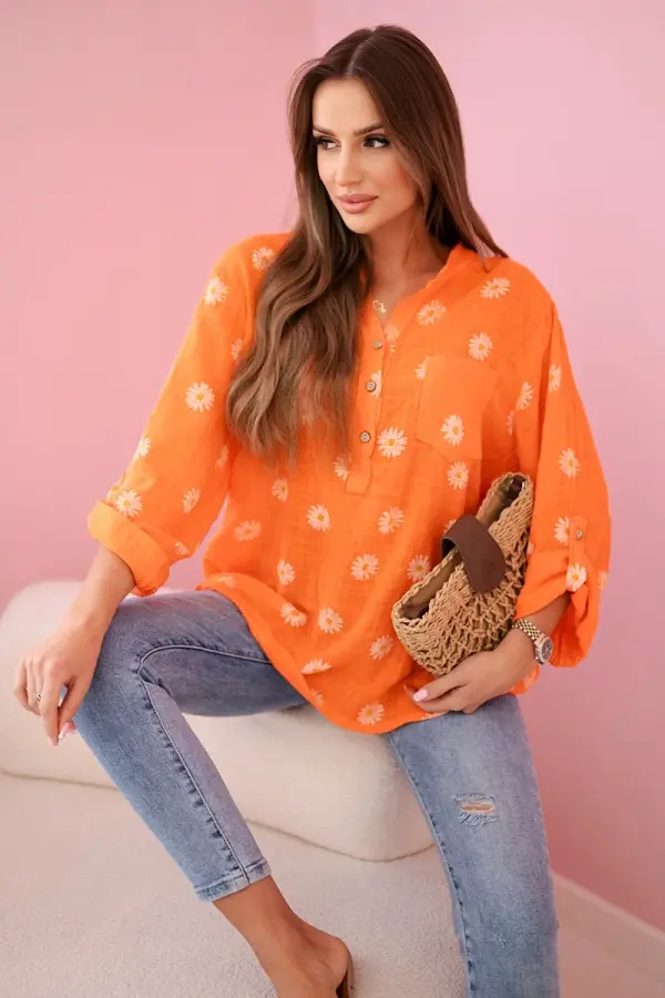 Kesi Włoski Kesi Włoski Linen Women's Blouse with Floral Pattern, Long Sleeves, and Buttons Orange