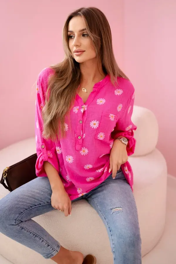 Kesi Włoski Kesi Włoski Linen Women's Blouse with Floral Pattern, Long Sleeves, and Buttons pink