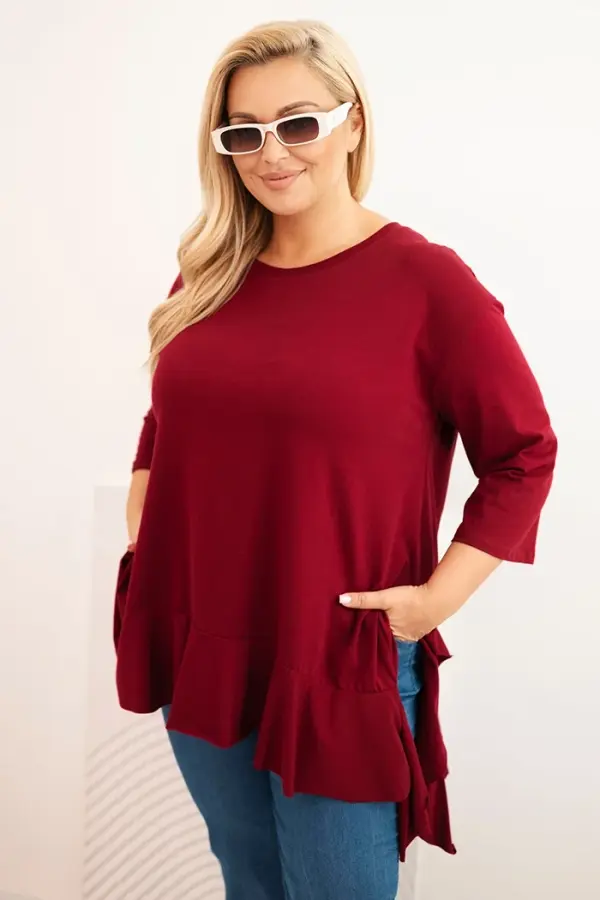Kesi Włoski Kesi Włoski Plus Size women's blouse with cotton, frill, and rolled-up sleeves burgundy