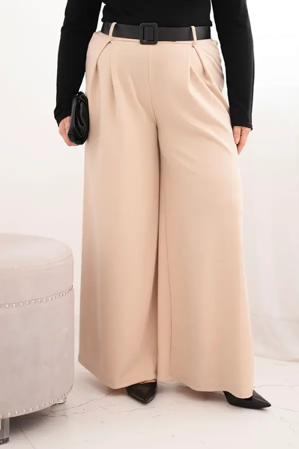 Kesi Włoski Kesi Włoski Plus Size women's pants with wide legs and a belt beige