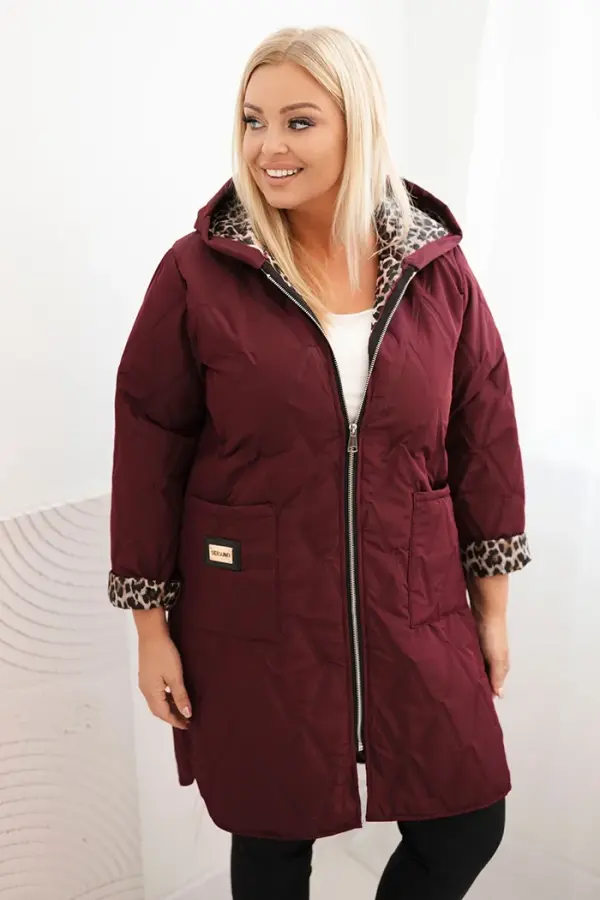 Kesi Włoski Kesi Włoski Plus Size women's winter quilted jacket with a leopard print lining and hood burgundy