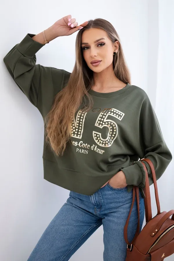 Kesi Włoski Kesi Włoski Printed sweatshirt buttery fabric khaki