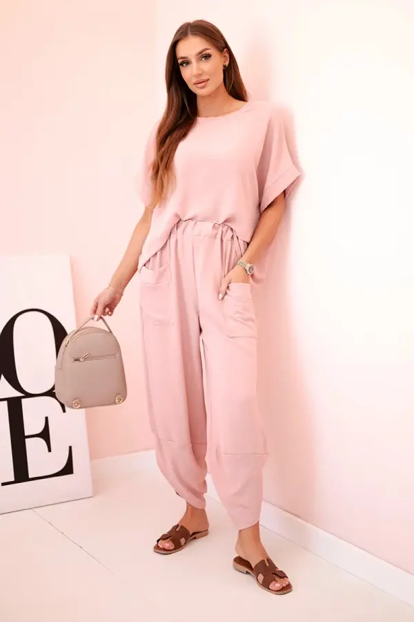 Kesi Włoski Kesi Włoski Viscose blouse + pants set powder pink