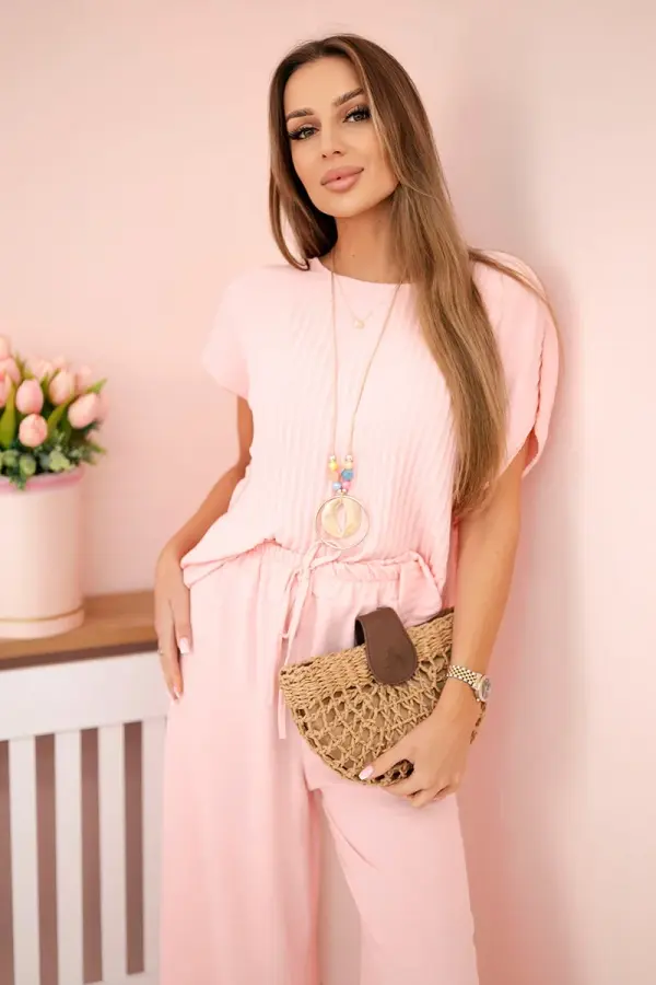 Kesi Włoski Kesi Włoski Viscose set pleated blouse + trousers powder pink