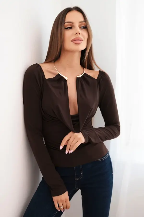 Kesi Włoski Kesi Włoski Women's blouse with draped neckline and long sleeves brown