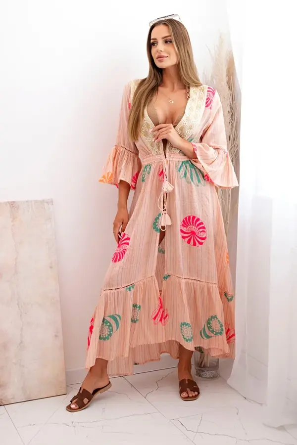 Kesi Włoski Kesi Włoski Women's boho cape with embroidery apricot