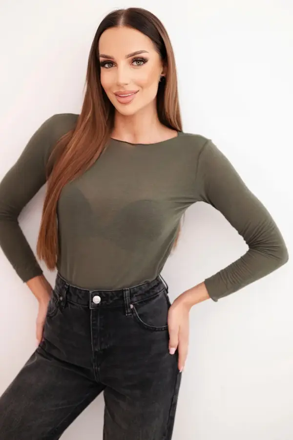 Kesi Włoski Kesi Włoski Women's cashmere blouse with a round neckline and long sleeves khaki