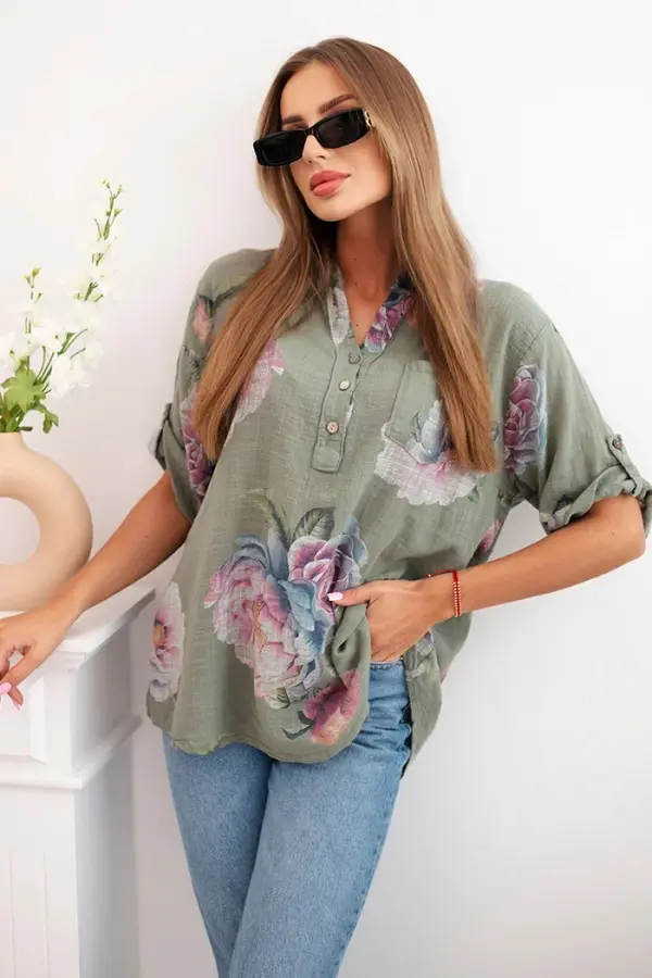 Kesi Włoski Kesi Włoski Women's cotton blouse with a floral pattern khaki