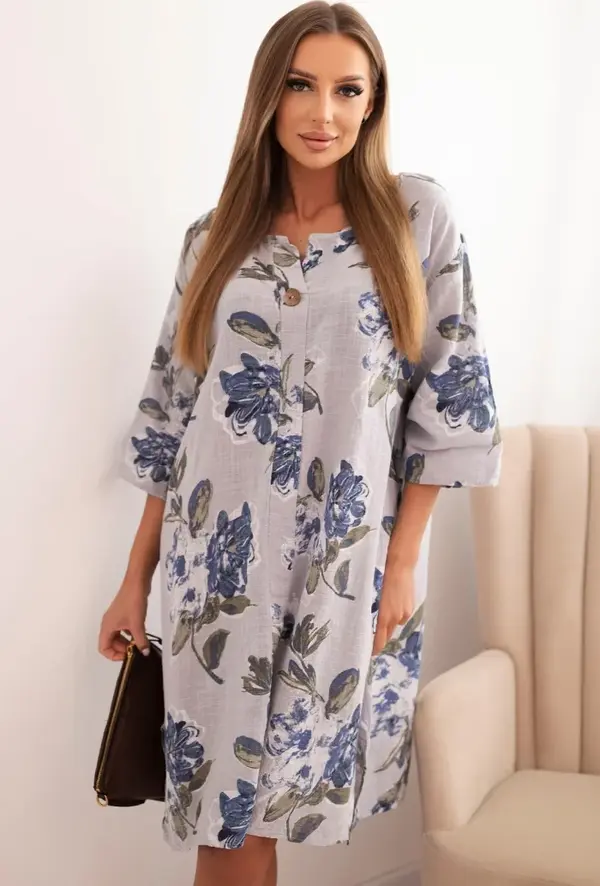 Kesi Włoski Kesi Włoski Women's cotton dress with floral pattern and 3/4 sleeve gray