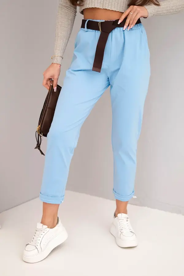 Kesi Włoski Kesi Włoski Women's cotton pants with a belt and rolled-up hem blue