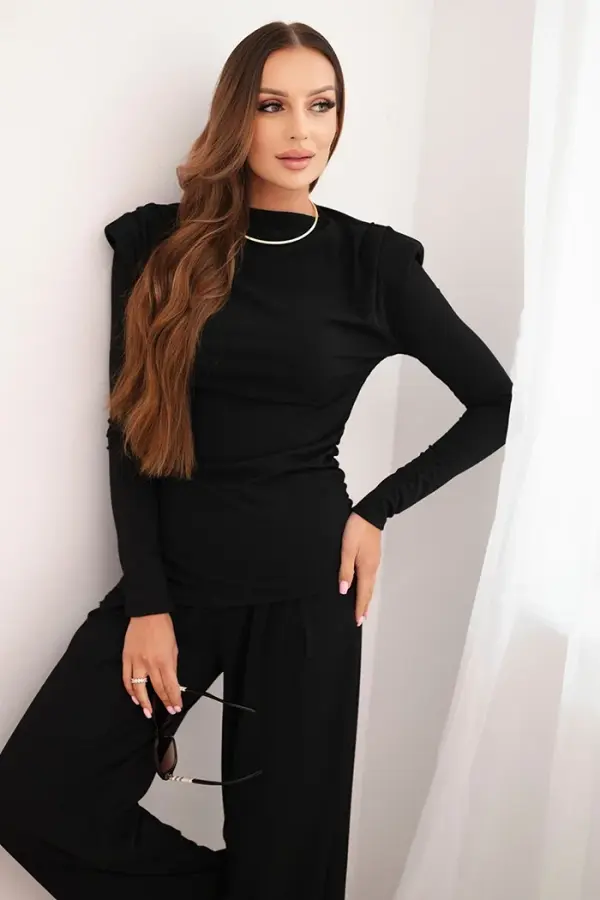 Kesi Włoski Kesi Włoski Women's cotton set with a blouse and wide-leg pants black