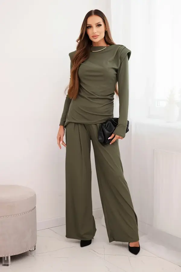 Kesi Włoski Kesi Włoski Women's cotton set with a blouse and wide-leg pants khaki