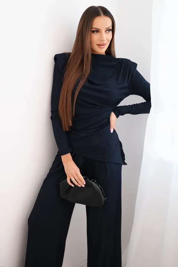 Kesi Włoski Kesi Włoski Women's cotton set with a blouse and wide-leg pants navy blue
