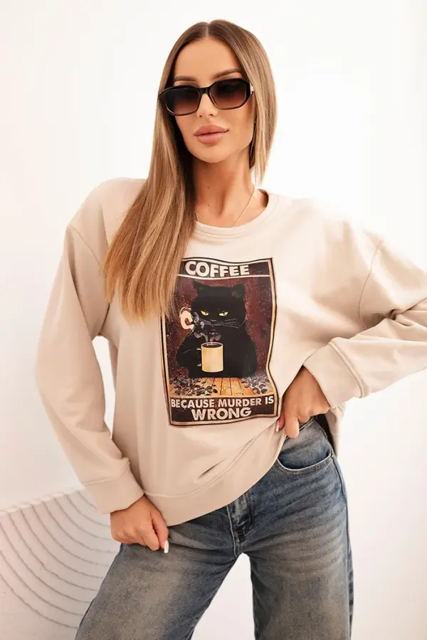 Kesi Włoski Kesi Włoski Women's cotton sweatshirt with a cat print and text beige