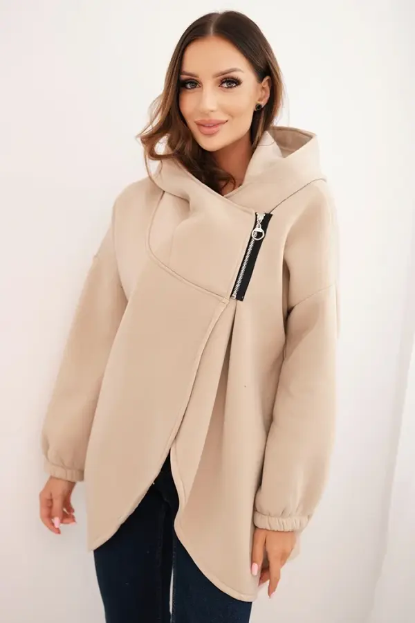 Kesi Włoski Kesi Włoski Women's insulated hoodie with an asymmetrical zipper beige