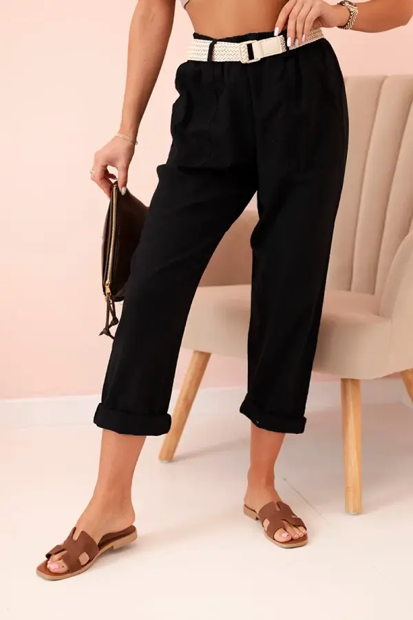 Kesi Włoski Kesi Włoski Women's linen cotton pants with a belt black