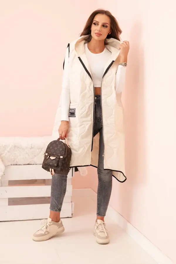 Kesi Włoski Kesi Włoski Women's quilted Plus Size vest with a hood, zip-up, light beige