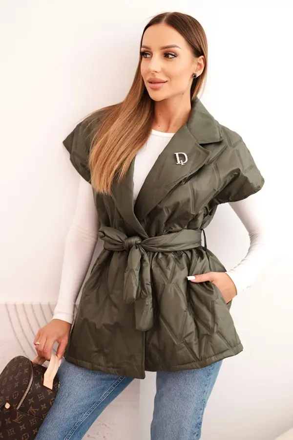 Kesi Włoski Kesi Włoski Women's quilted vest with belt and wide collar khaki