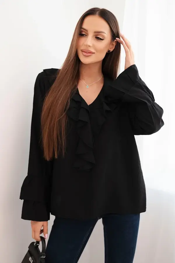 Kesi Włoski Kesi Włoski Women's viscose blouse with frills and long sleeves black
