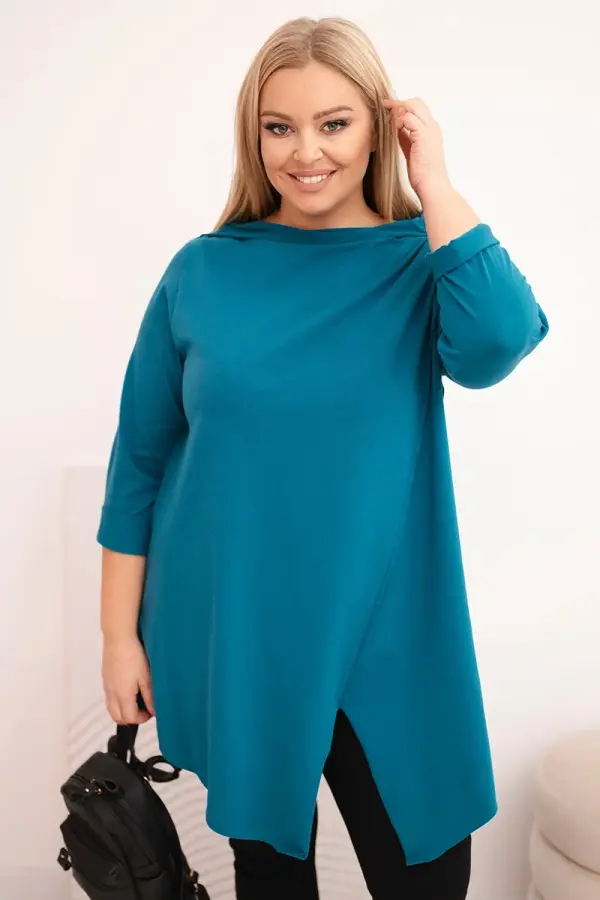 Kesi Włoski Kesi Women's cotton Plus Size asymmetric blouse with rolled sleeves teal