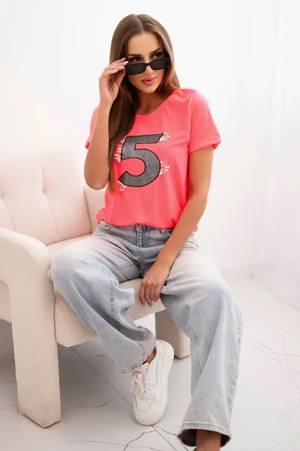 Kesi Kesi Women's cotton short-sleeve blouse with a patch and pearls neon pink