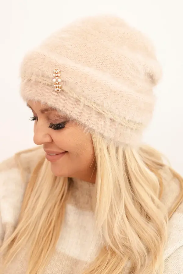 Polski Kesi Women's winter fluffy hat with pearls and decorative weave beige