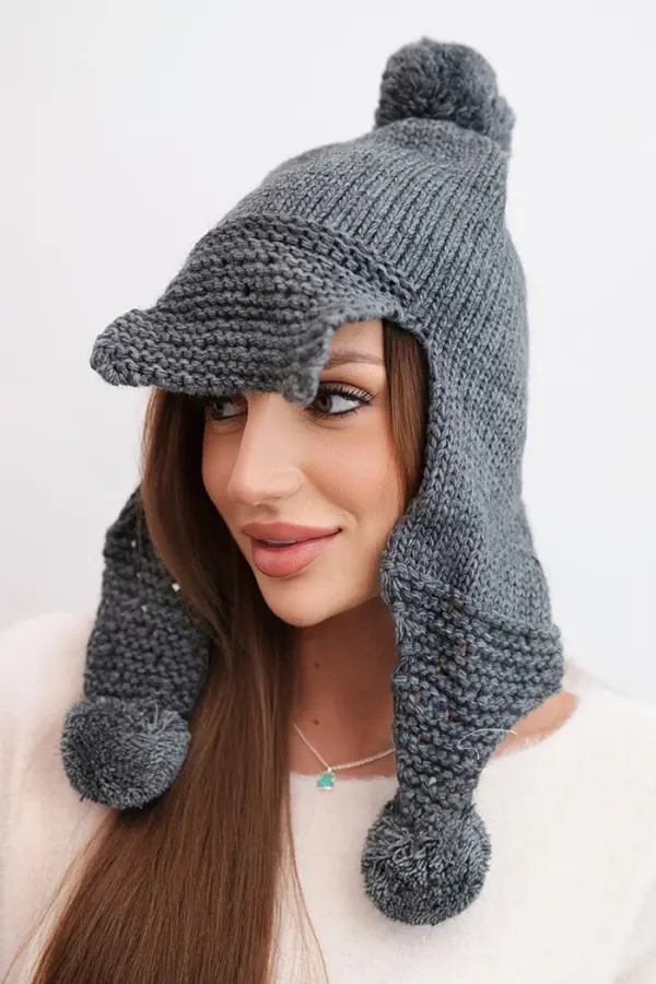 Kesi Kesi Women's winter hat with wool, visor and pom poms K475 graphite