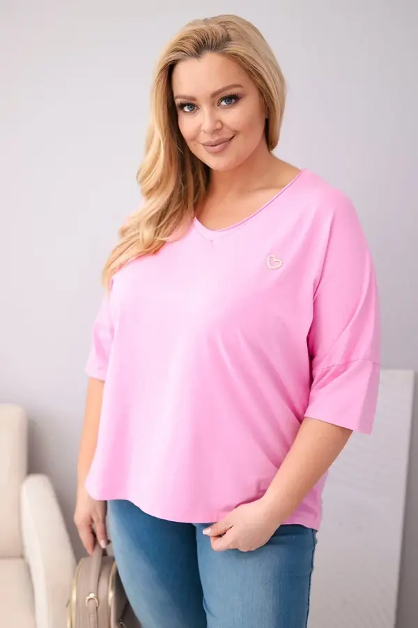 Kesi Włoski Kesi ženska oversize plus size bluza s V-izrezom, svijetlo ružičasta