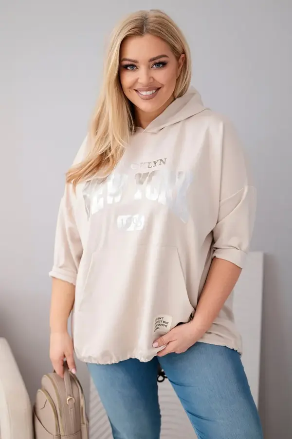 Kesi Włoski Kesi ženska plus size viskozna majica s klokanskim džepom bež boje