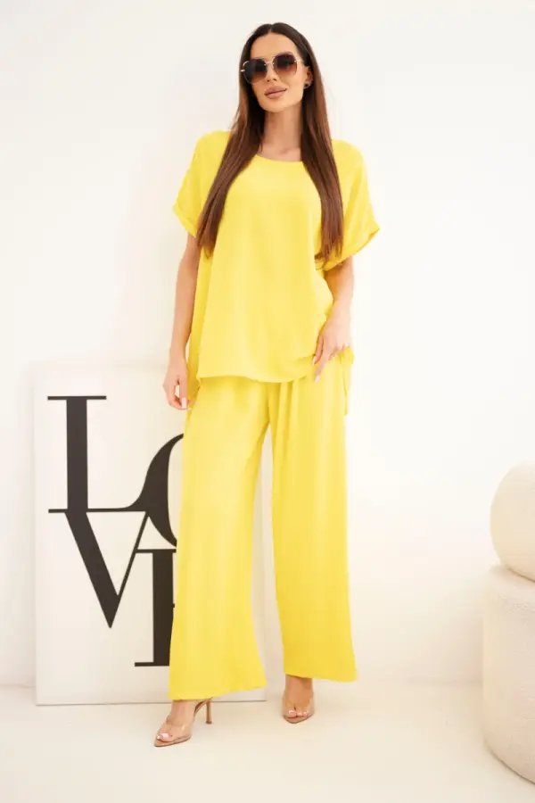 Kesi Włoski Kesi ženski plus size set s bluzom i širokim hlačama žute boje