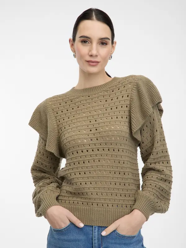 Orsay Khaki Women's Sweater with Ruffles ORSAY - Women's