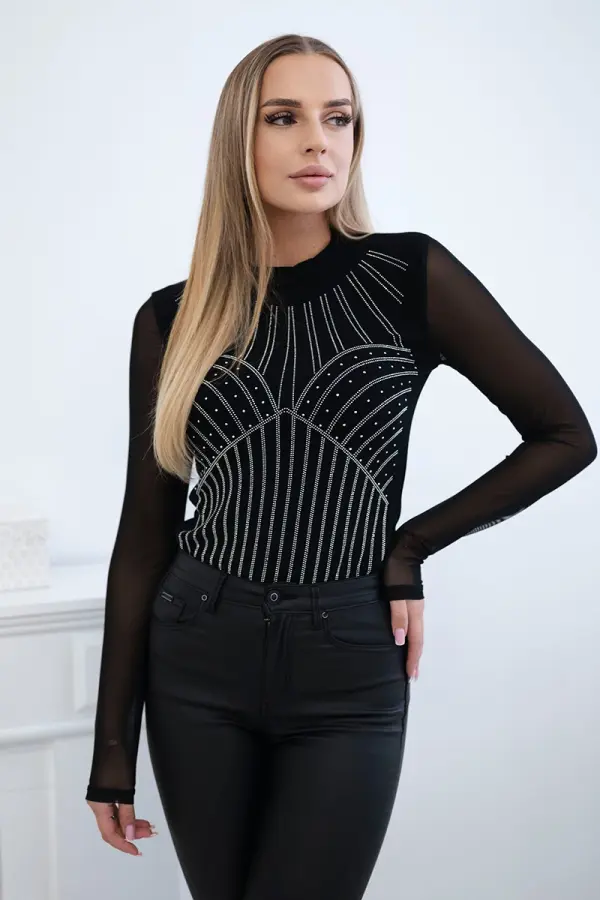Kesi Knitted blouse with bodysuit with tulle sleeves black