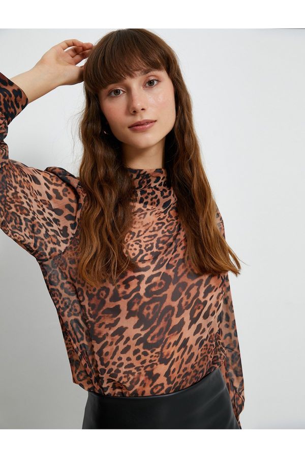 Koton Koton Chiffon blouse Leopard Patterned Draped Collar Balloon Sleeve