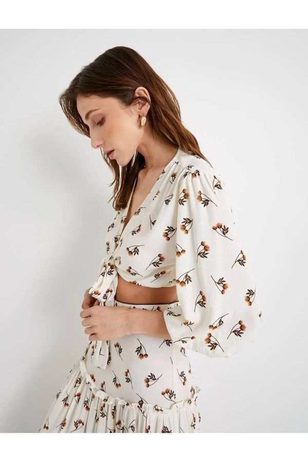 Koton Koton Crop Blouse Balloon Sleeves Floral Tie Front