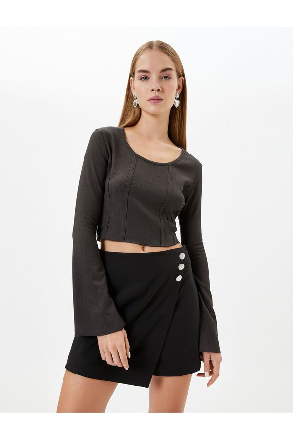Koton Koton Crop Blouse Bodice Detailed Long Sleeve U Neck Ribbed