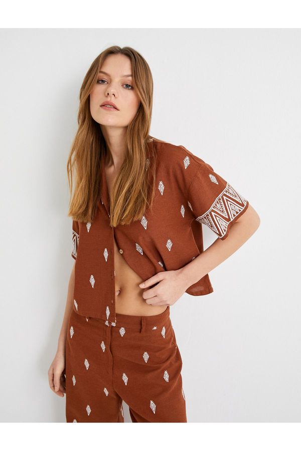 Koton Koton Crop Shirt Ethnic Patterned Short Sleeve Buttoned