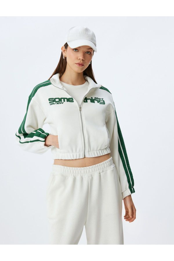 Koton Koton Crop Stand Collar Piping Pocket Detailed College Printed Zippered Sweatshirt