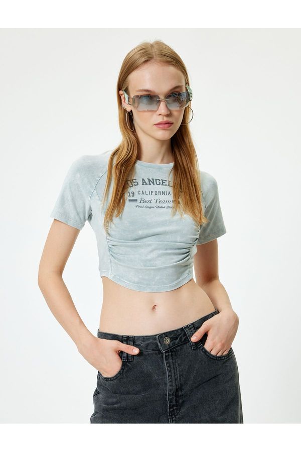Koton Koton Crop T-Shirt Gather Detailed College Printed Washed Short Sleeve Slim Fit