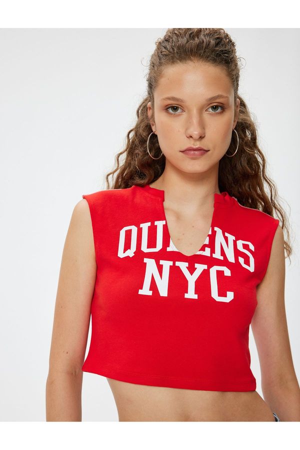 Koton Koton Crop Top V-Neck Slogan Printed Sleeveless Slim Fit
