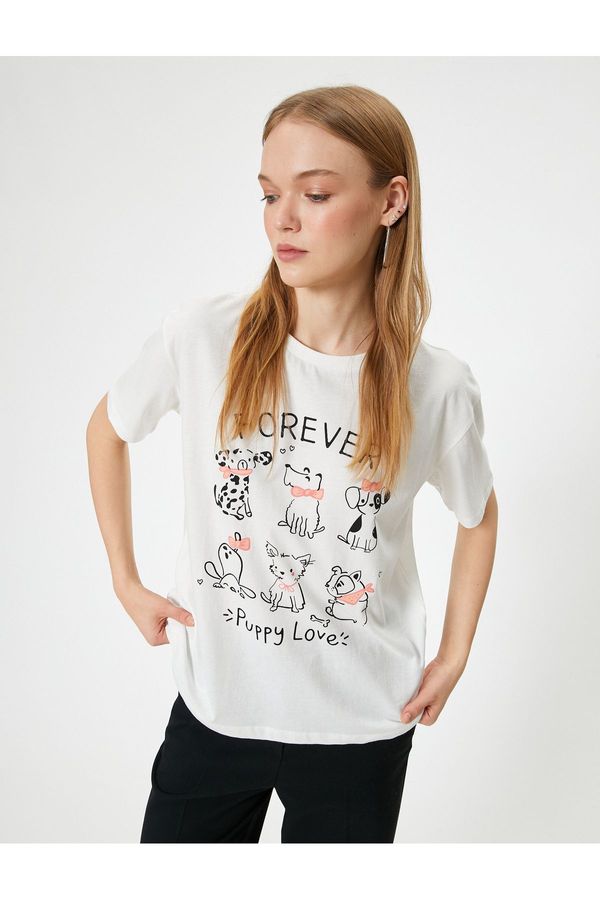 Koton Koton Dog Printed T-Shirt Relax Fit Short Sleeve Slogan Crew Neck