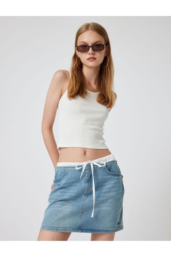 Koton Koton Double Waist Detailed Laced A Cut Mini Denim Skirt