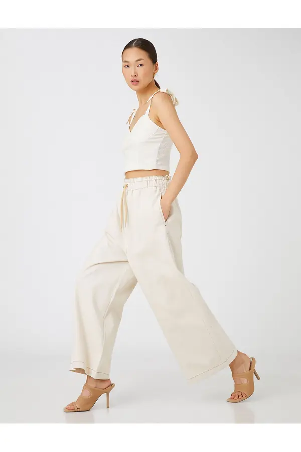 Koton Koton Elastic Waist Jeans Trousers Wide Crop Leg