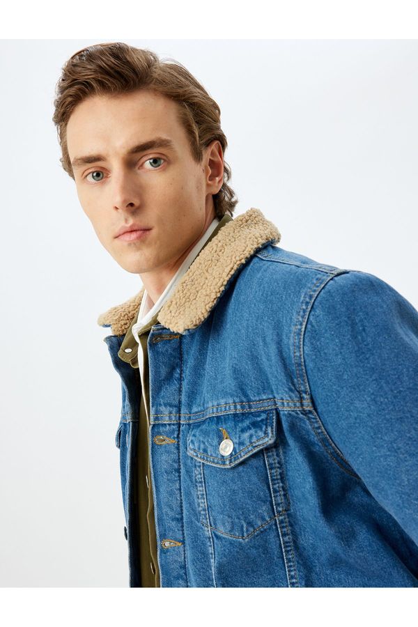 Koton Koton Faux Fur Collar Detailed Flap Pocket Cotton Denim Jacket