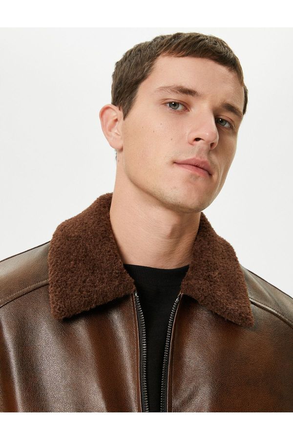 Koton Koton Faux Fur Leather Jacket Pocket Slim Fit
