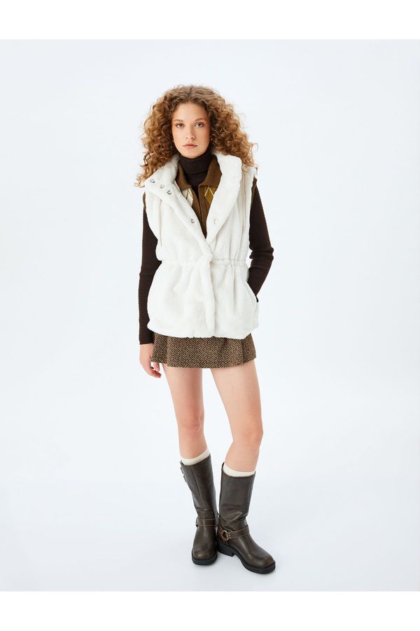 Koton Koton Faux Für Vest with Hood and Snap Button Pocket Detail